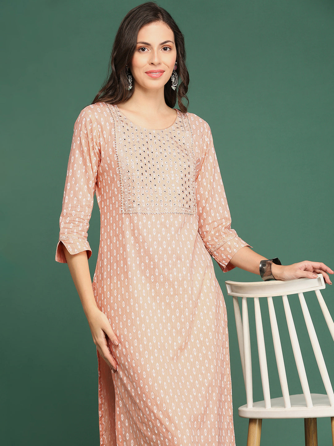 Women's Peach Printed Straight Kurta