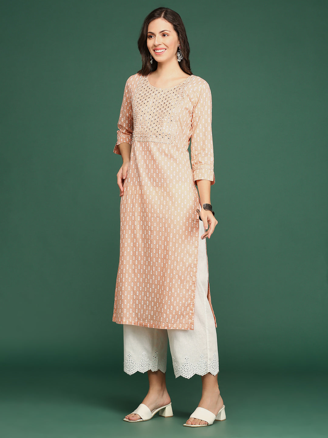 Women's Peach Printed Straight Kurta