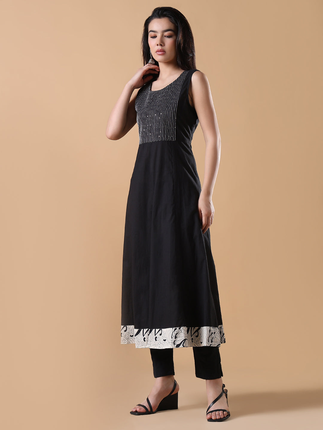 Women Black Solid Cotton Anarkali Kurta with Shrug