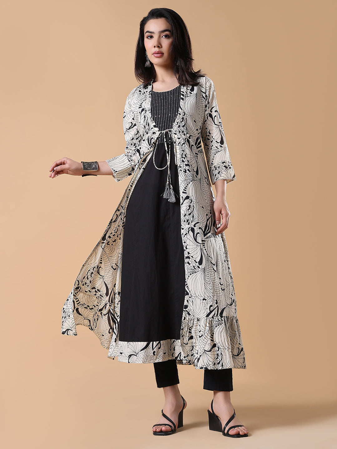 Women Black Solid Cotton Anarkali Kurta with Shrug