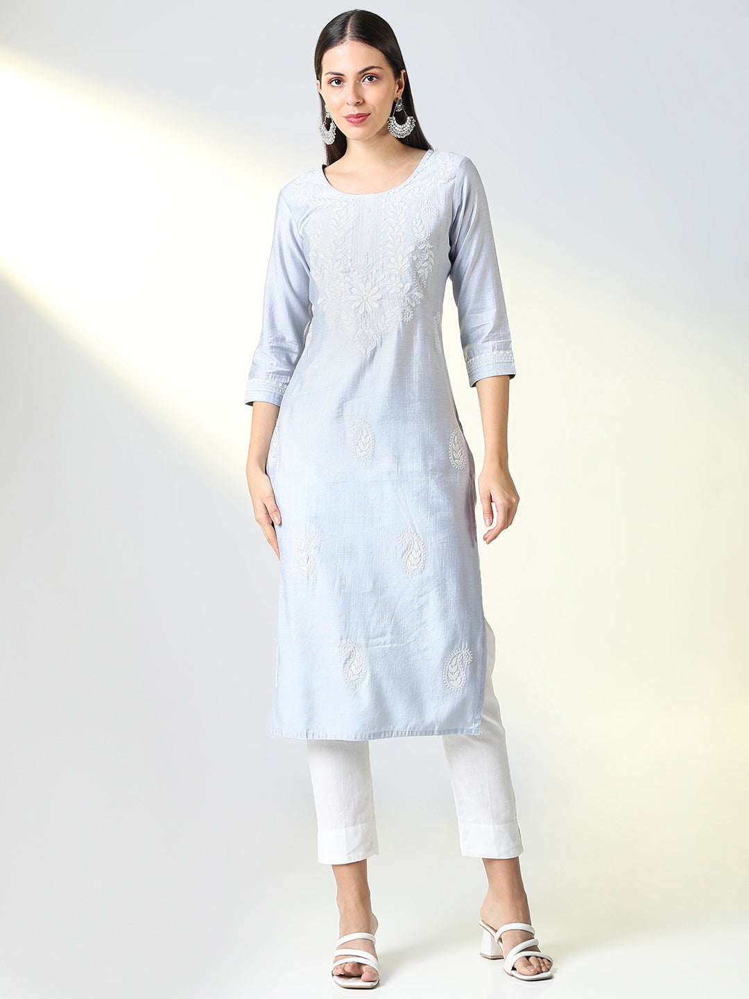 Women Grey Floral Straight Kurta