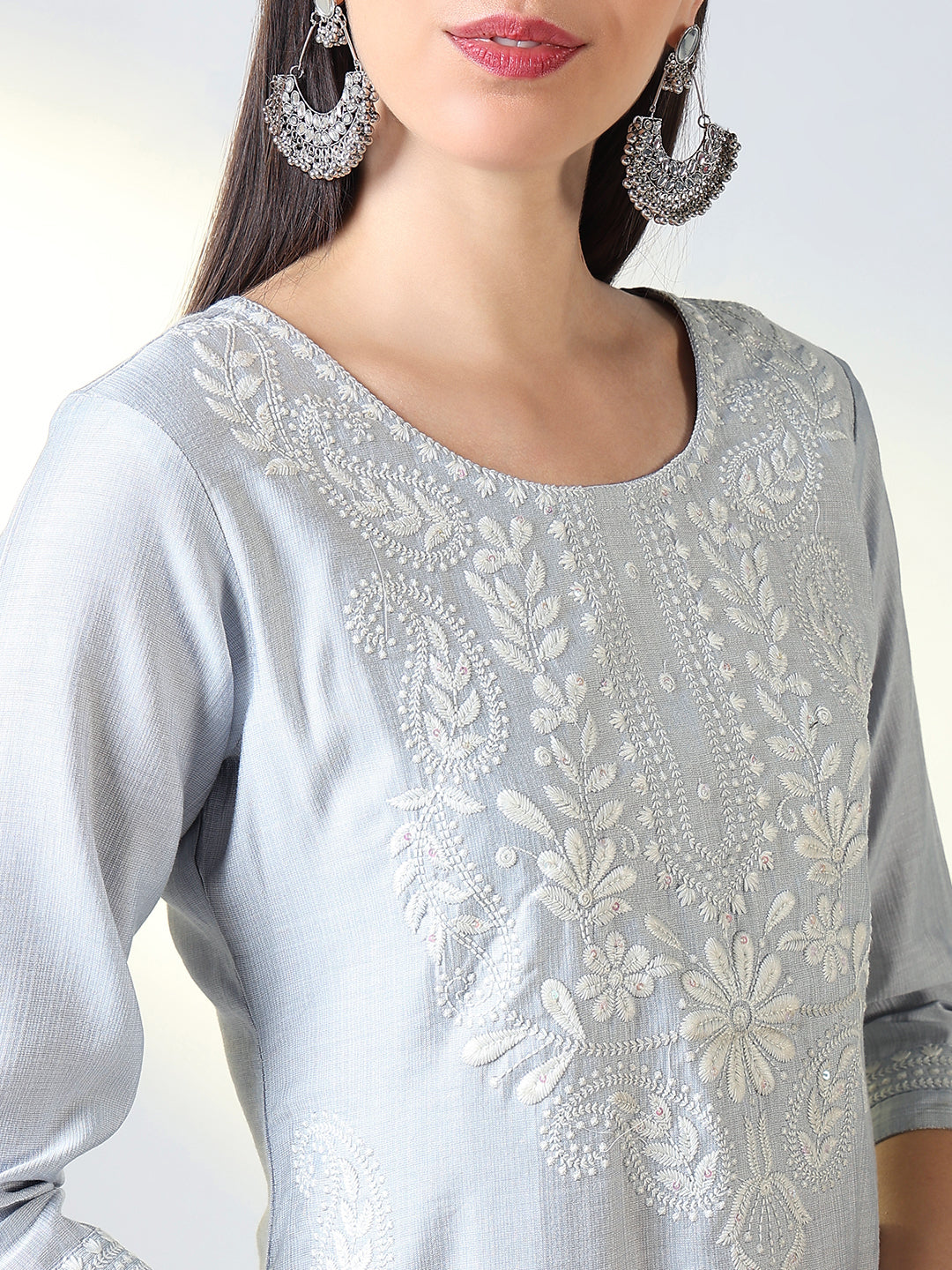 Women Grey Floral Straight Kurta