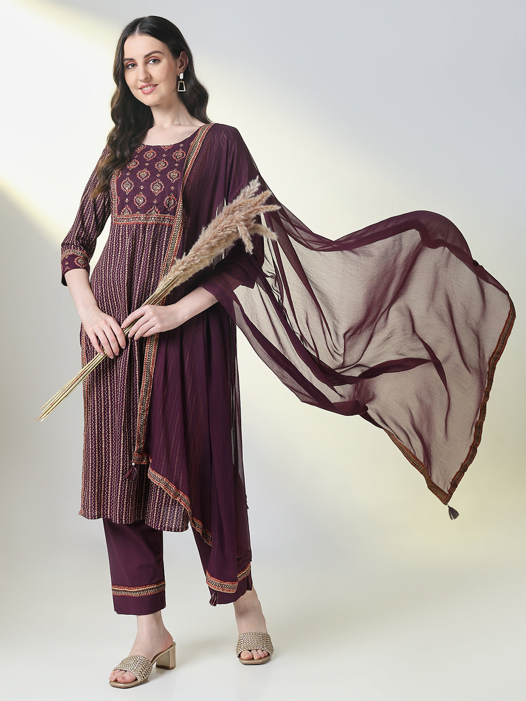 Women Purple Striped Straight Kurta Set with Dupatta