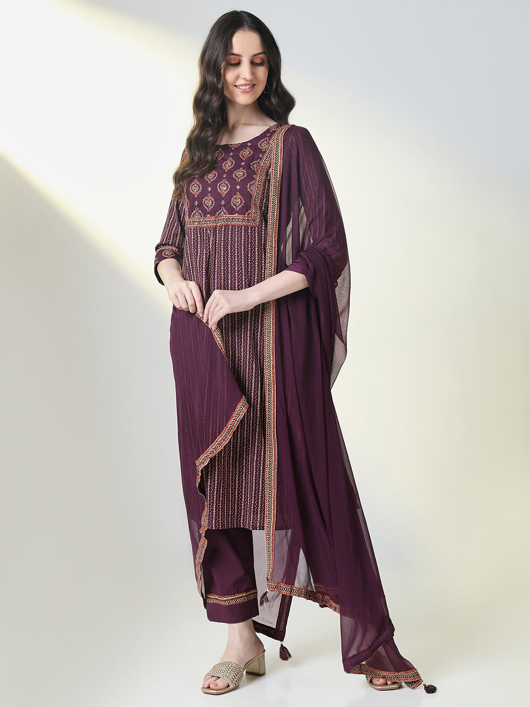 Women Purple Striped Straight Kurta Set with Dupatta