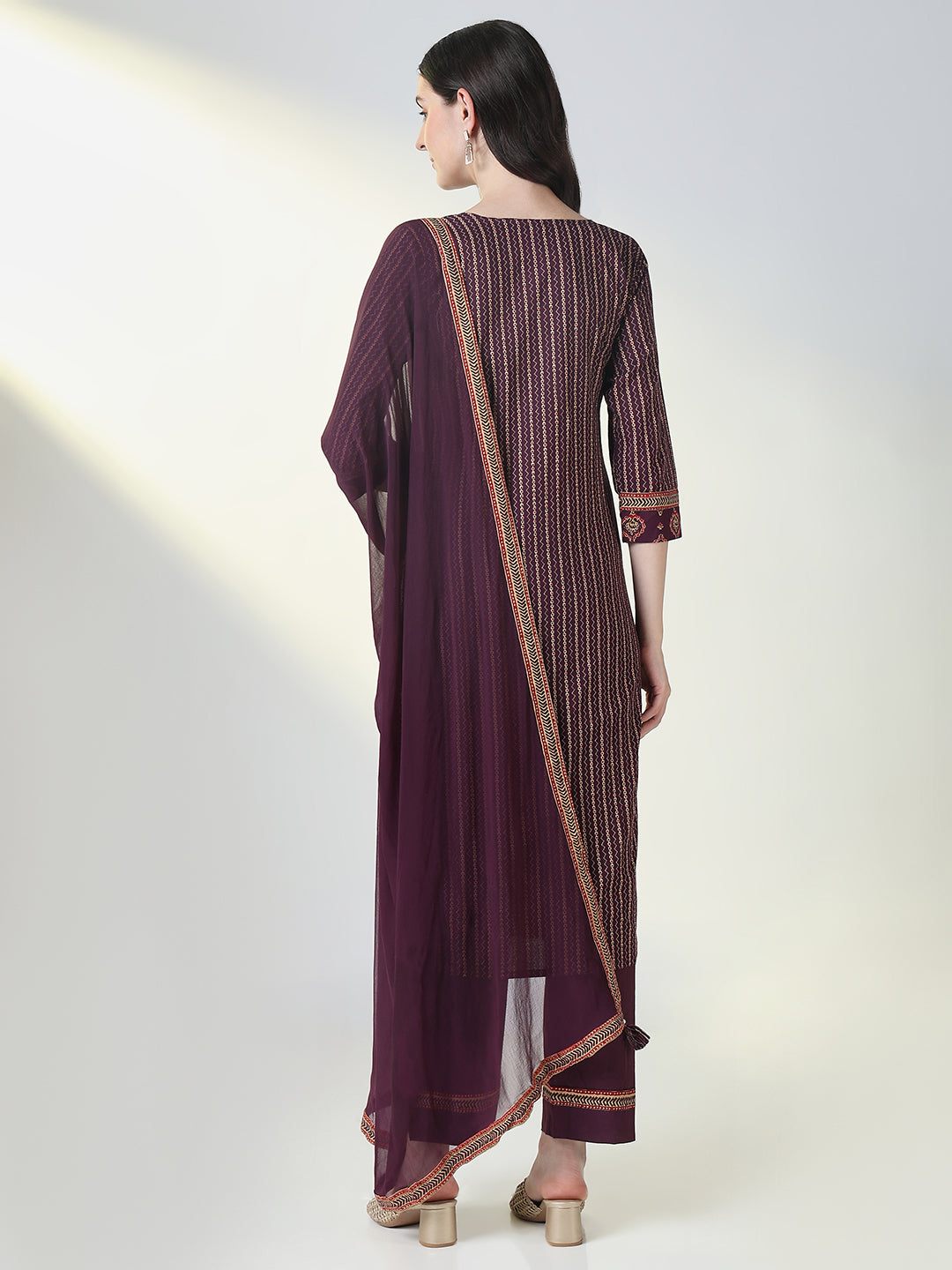 Women Purple Striped Straight Kurta Set with Dupatta