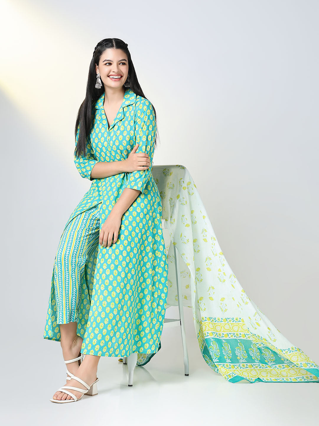 Women Sea Green Floral Print A Line Kurta Set with Dupatta