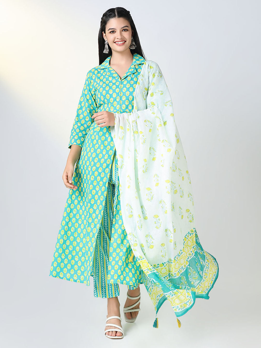 Women Sea Green Floral Print A Line Kurta Set with Dupatta