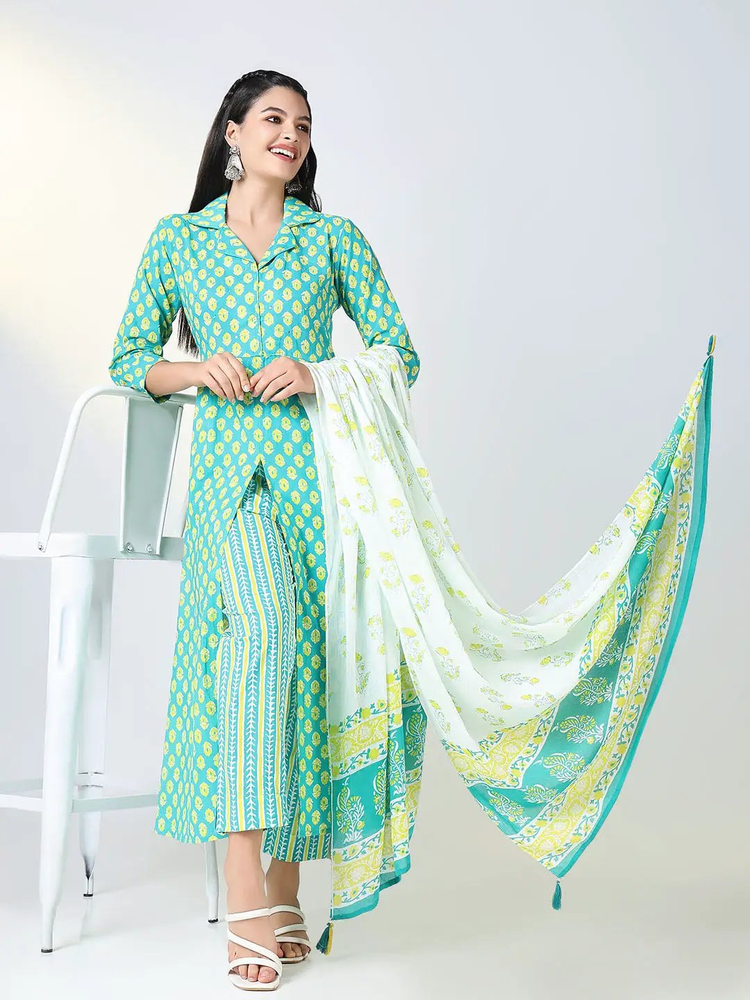 Women's Sea Green Floral Print A Line Kurta Set with Dupatta - from SHOWOFFFF