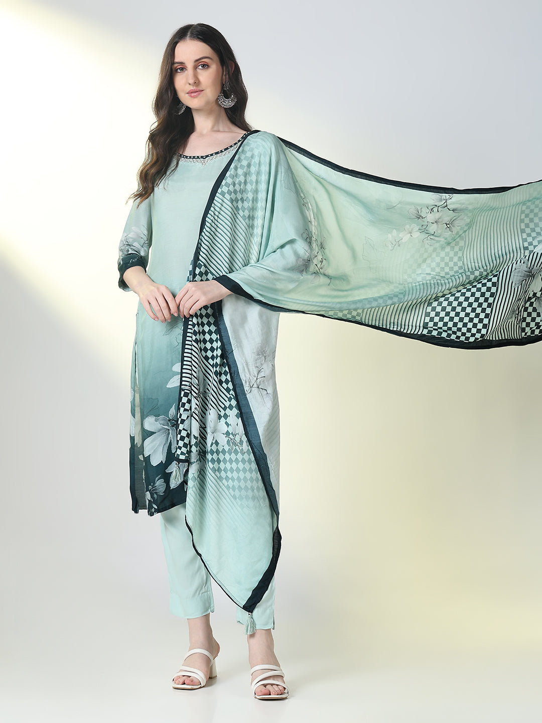 Women Sea Green Floral Straight Kurta Set with Dupatta