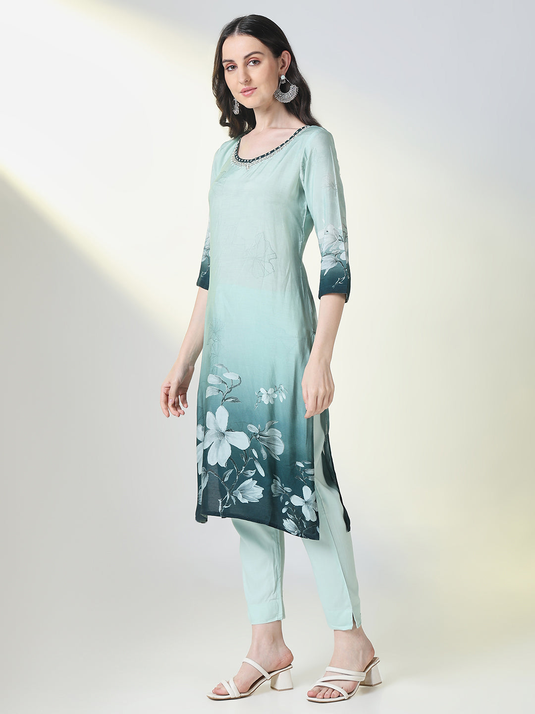 Women Sea Green Floral Straight Kurta Set with Dupatta