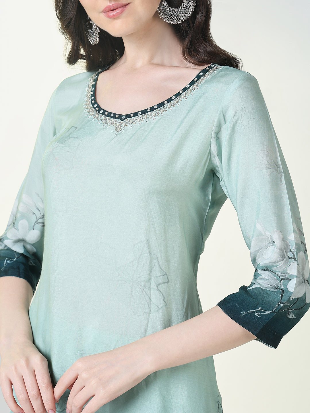 Women Sea Green Floral Straight Kurta Set with Dupatta