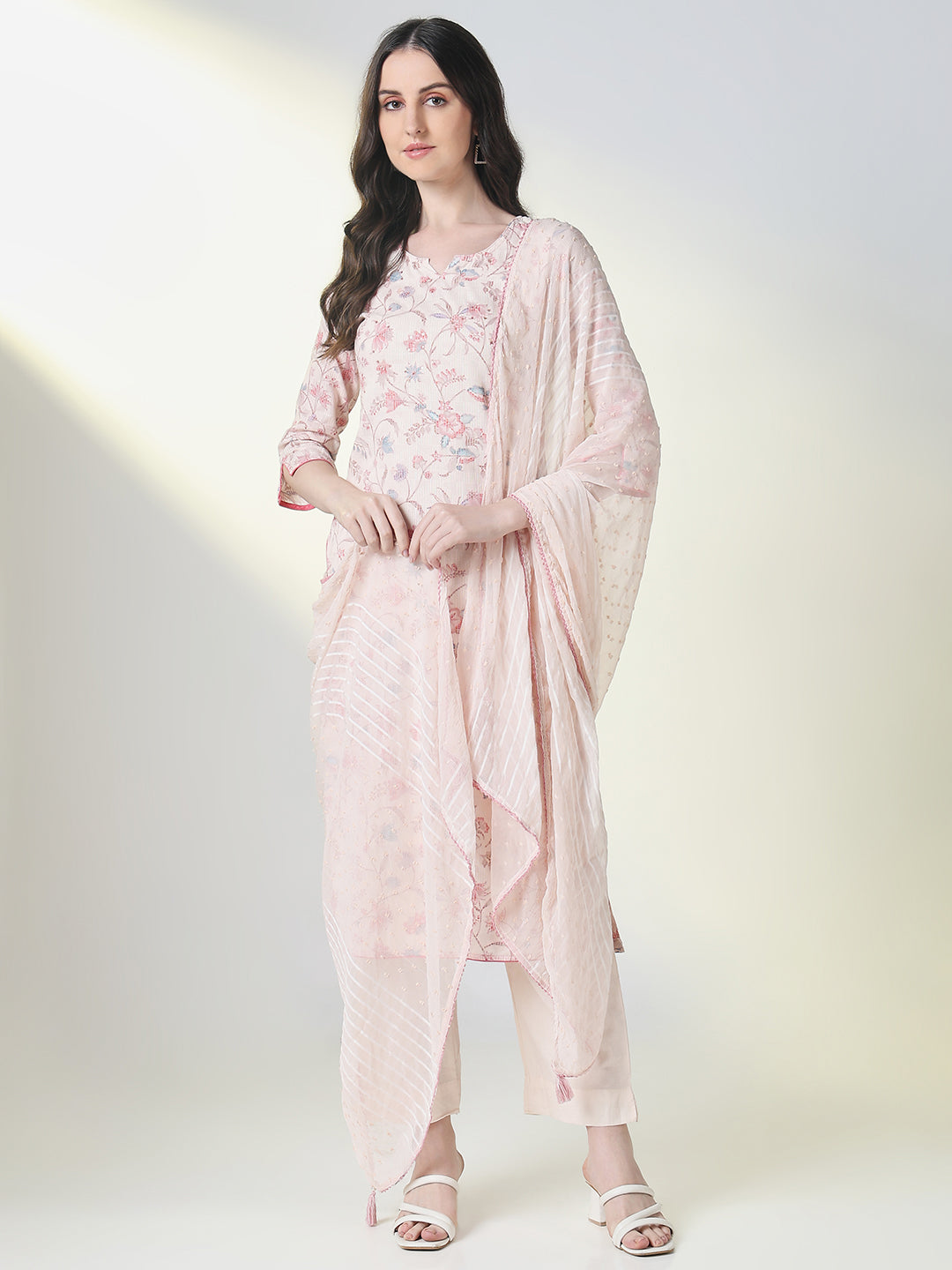 Women Pink Floral Straight Kurta Set with Dupatta