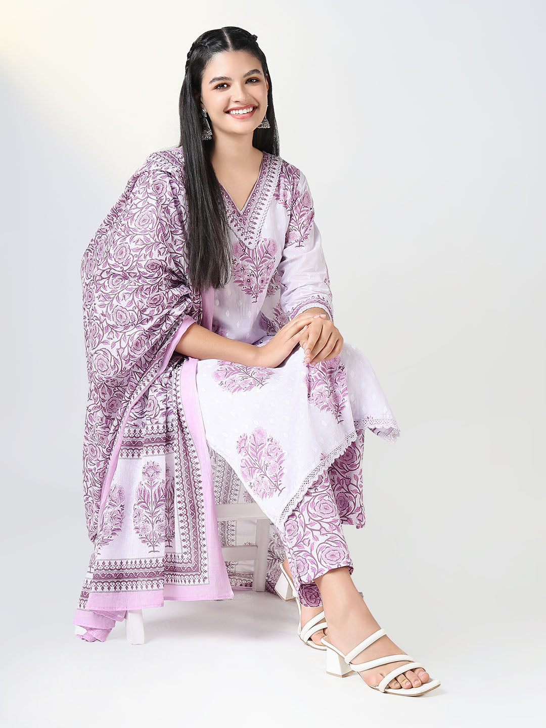 Women Purple Floral Straight Kurta Set with Dupatta