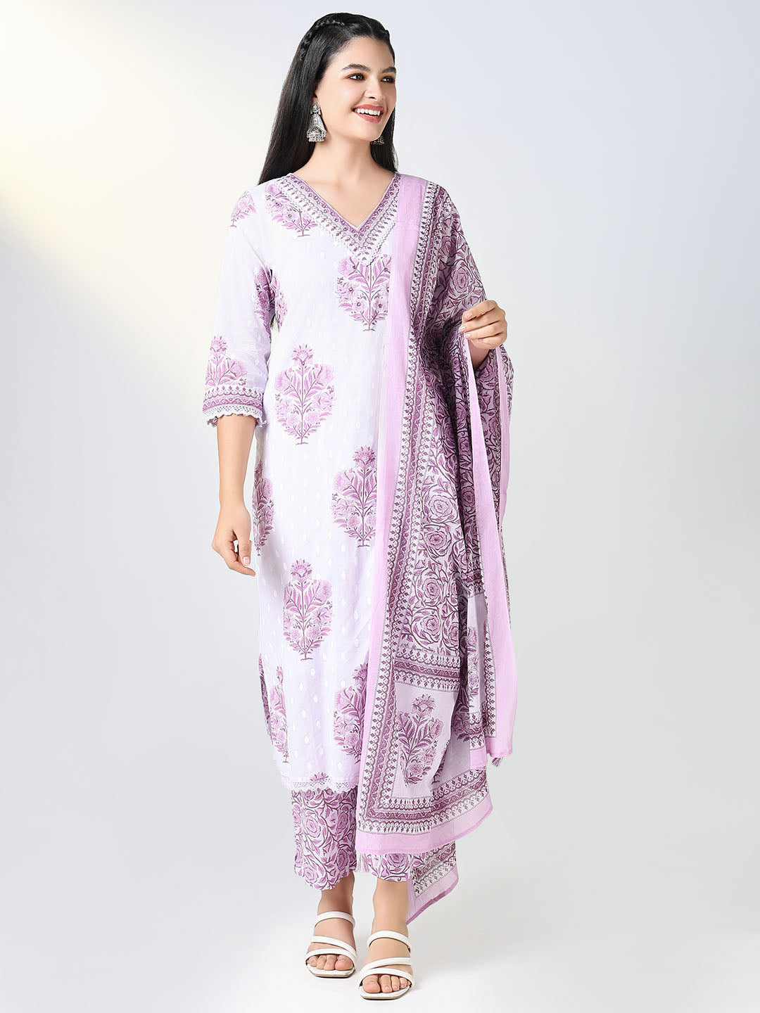 Women Purple Floral Straight Kurta Set with Dupatta