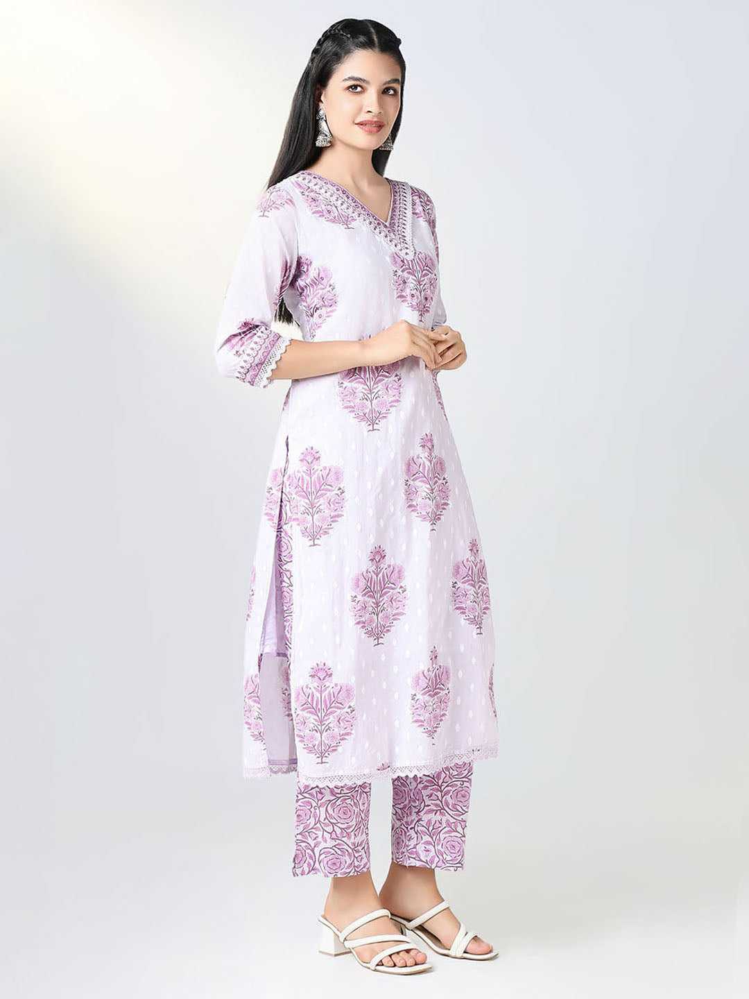 Women Purple Floral Straight Kurta Set with Dupatta