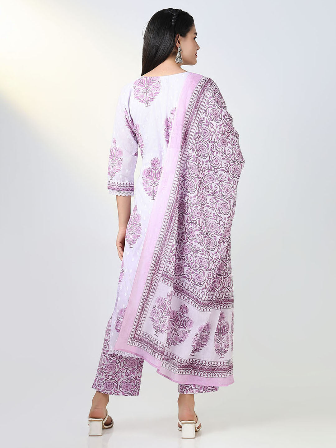 Women Purple Floral Straight Kurta Set with Dupatta