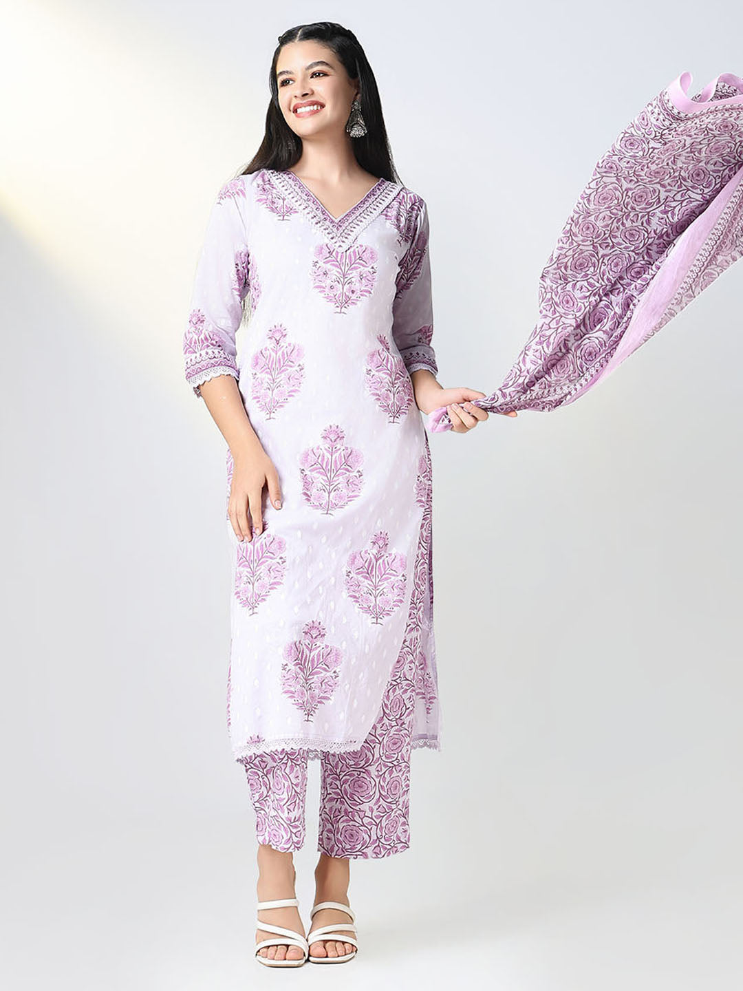 Women Purple Floral Straight Kurta Set with Dupatta