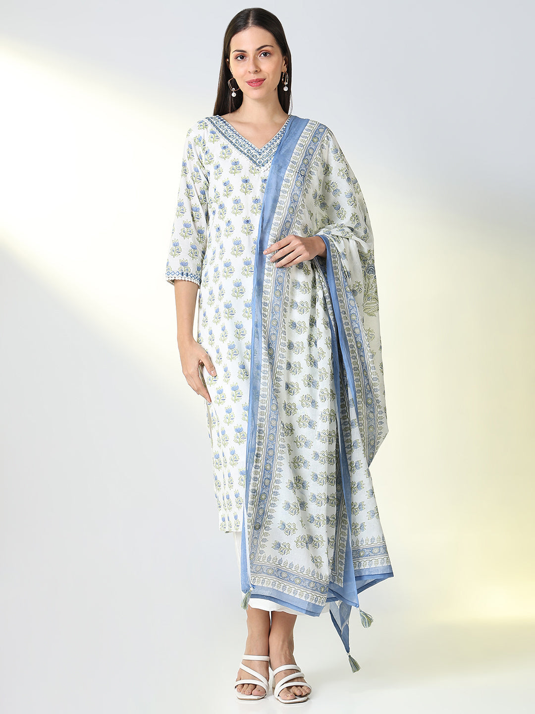 Women White Graphic Straight Kurta Set with Dupatta