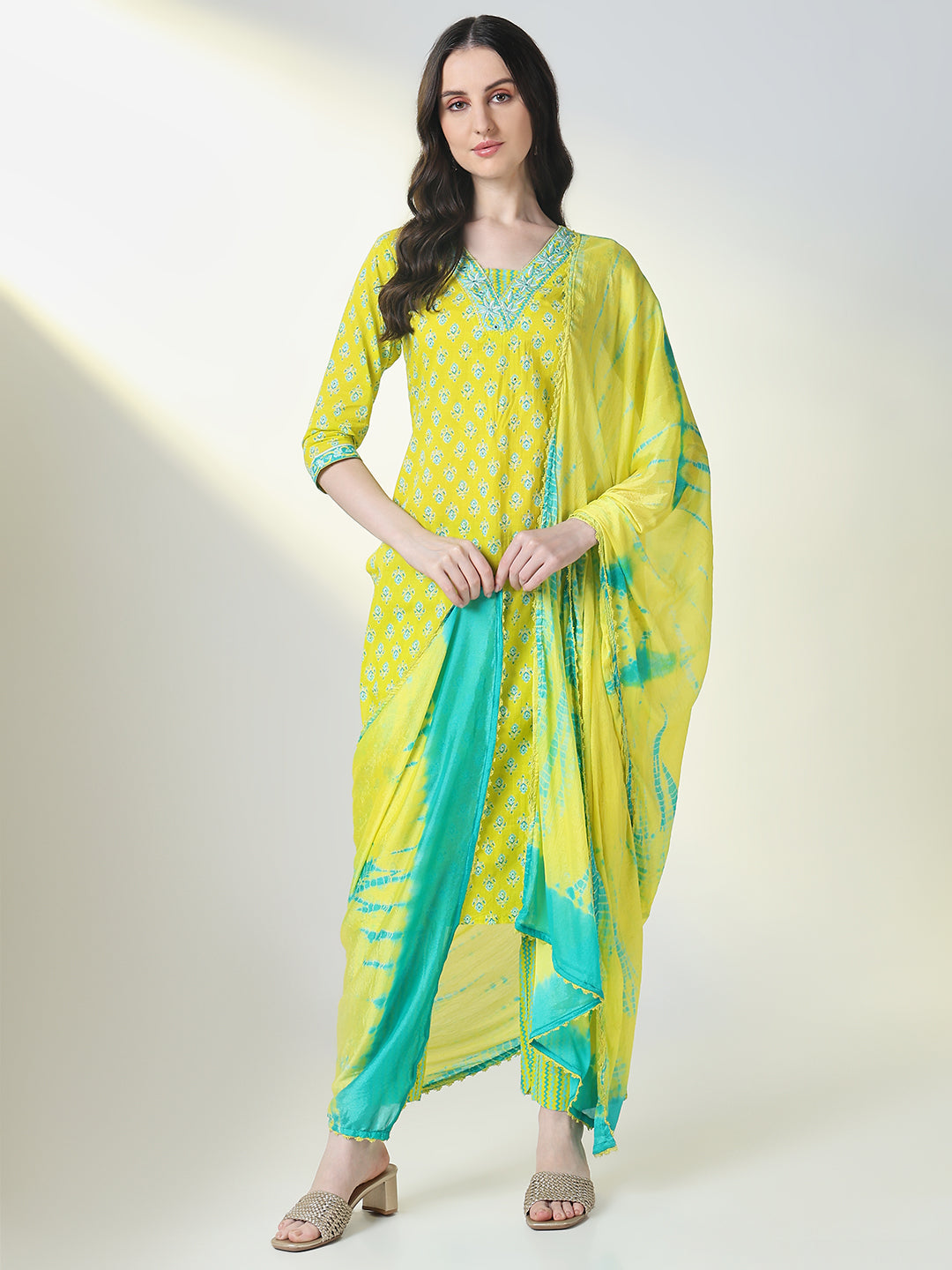 Women Yellow Floral Straight Kurta Set with Dupatta