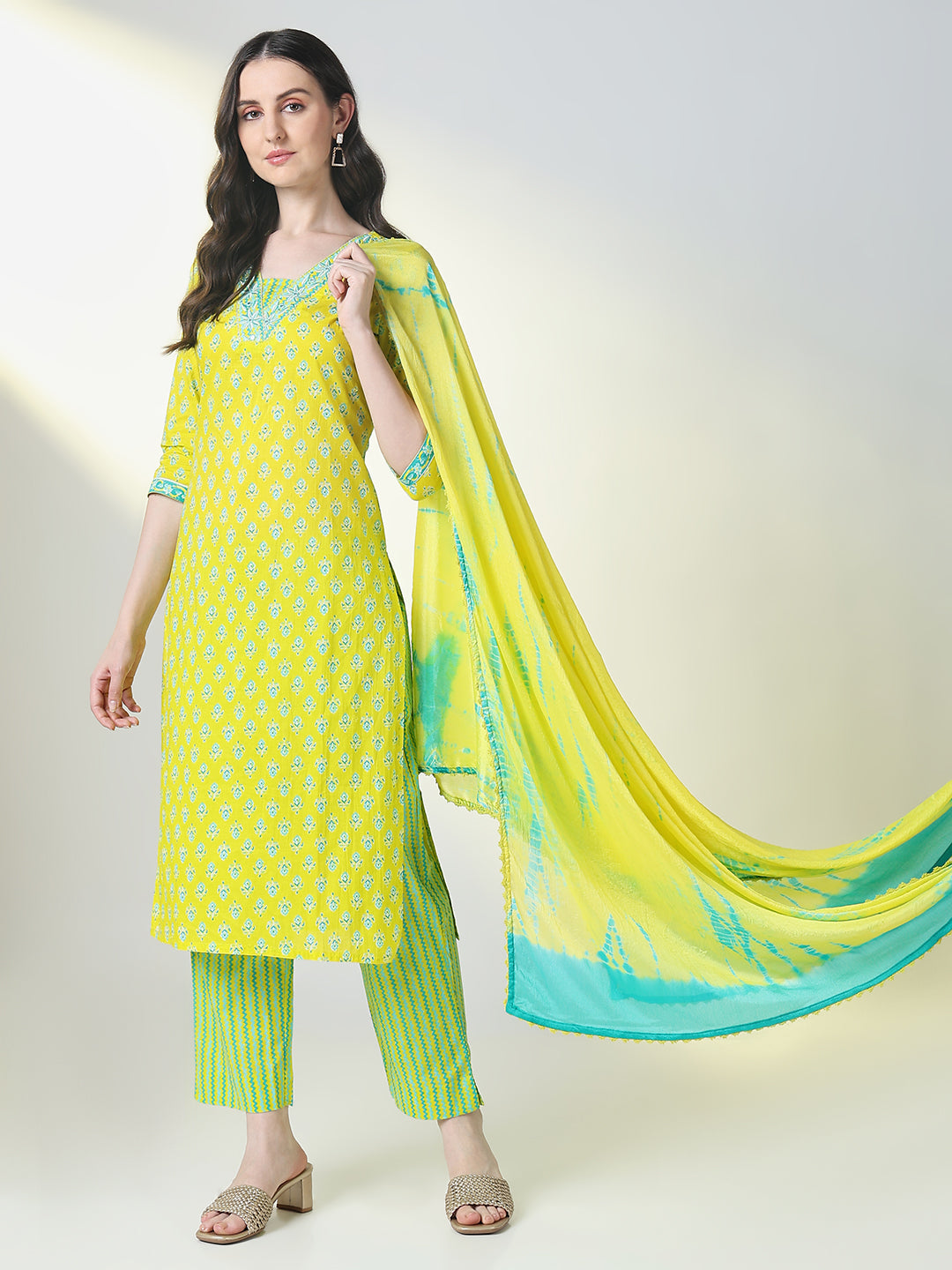 Women Yellow Floral Straight Kurta Set with Dupatta