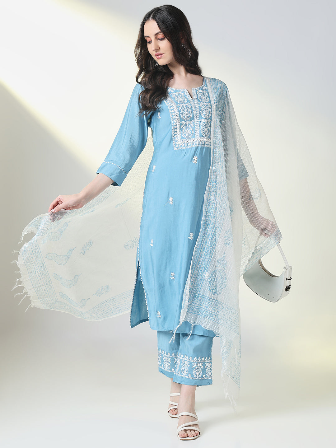 Women Blue Embroidered Straight Kurta Set with Dupatta