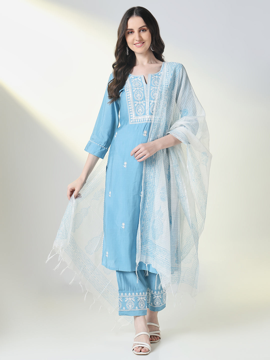 Women Blue Embroidered Straight Kurta Set with Dupatta