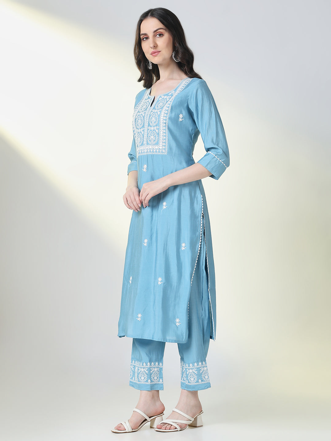 Women Blue Embroidered Straight Kurta Set with Dupatta