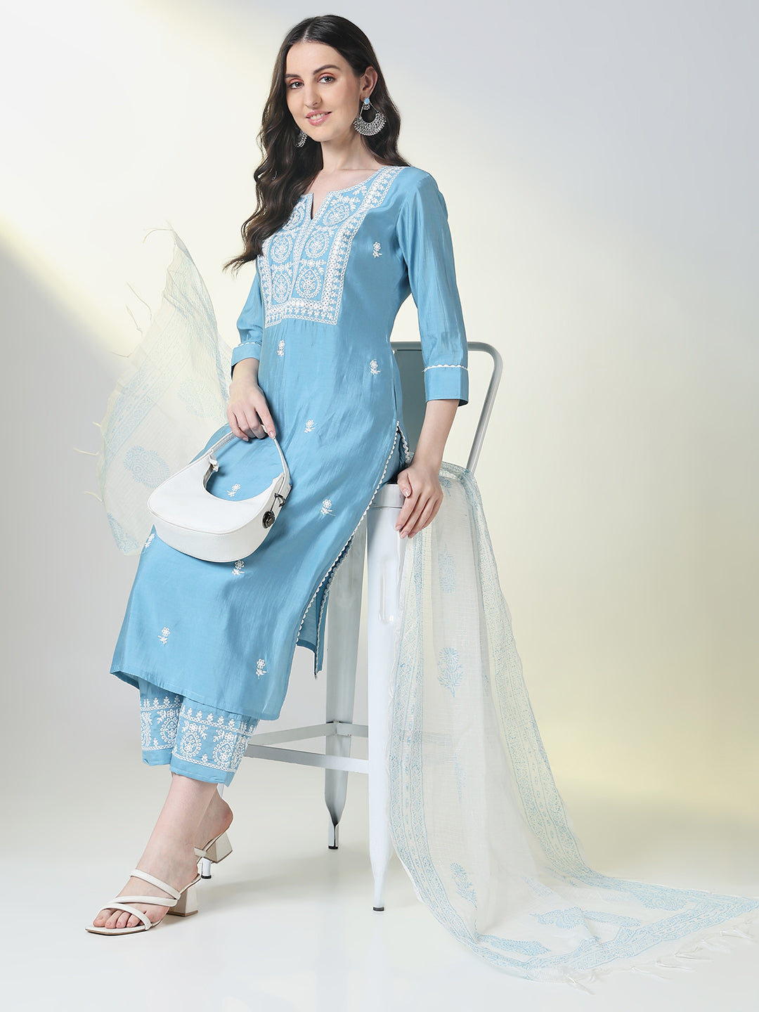 Women Blue Embroidered Straight Kurta Set with Dupatta