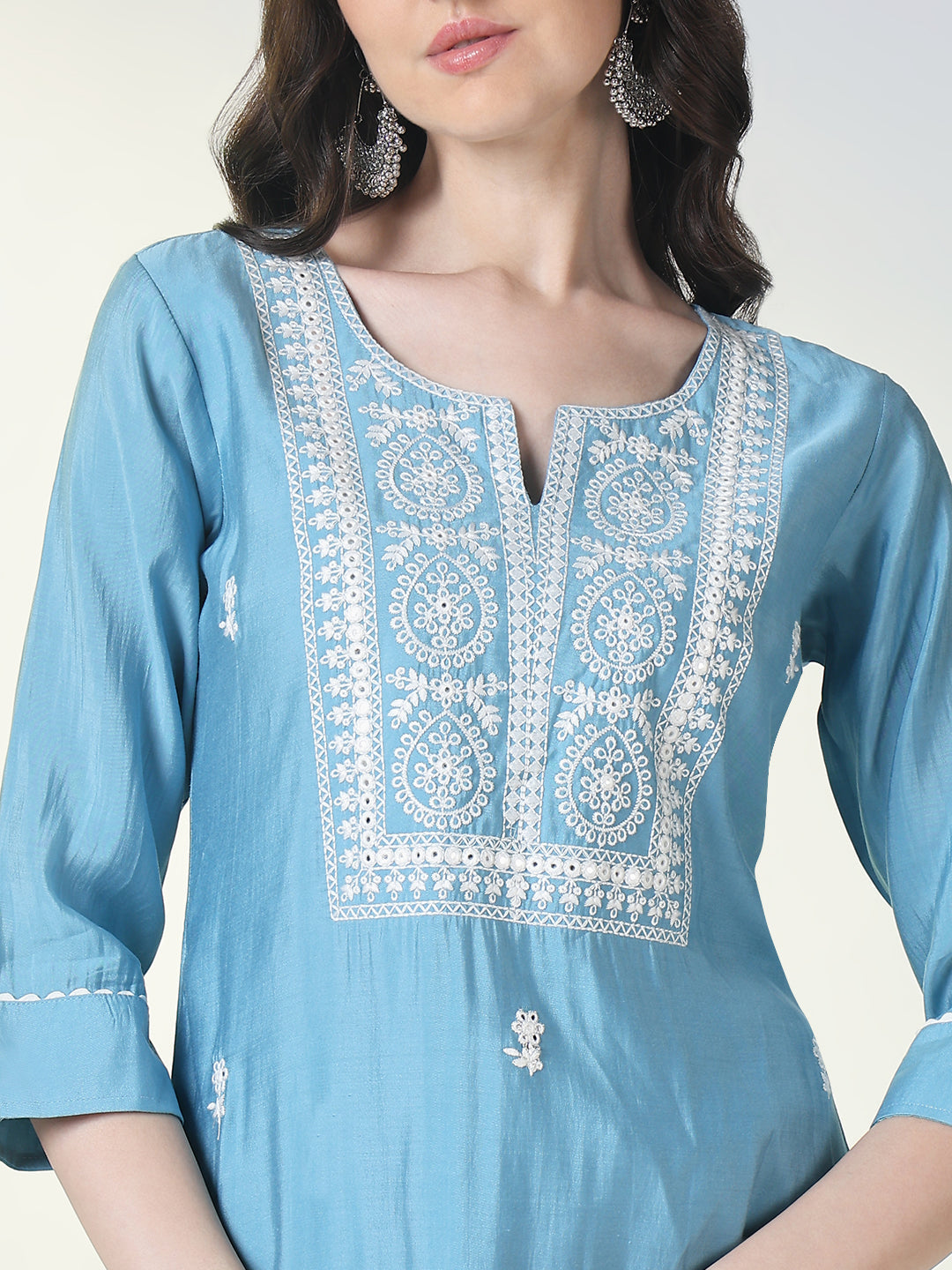 Women Blue Embroidered Straight Kurta Set with Dupatta