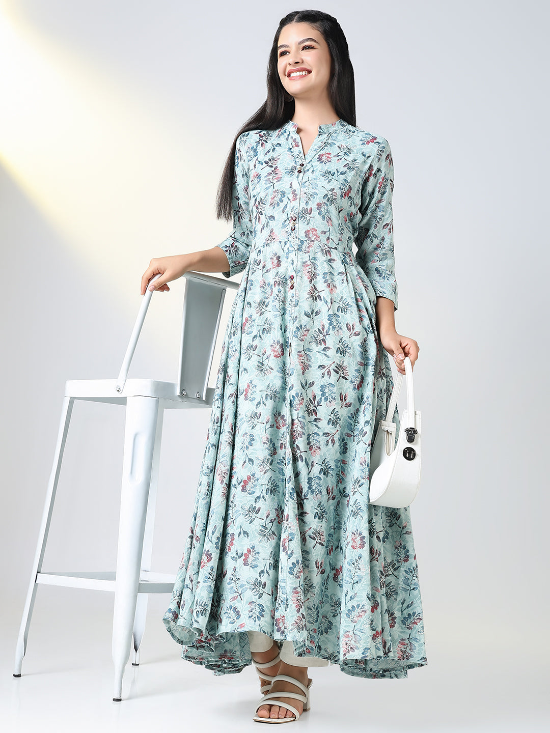 Women Blue Floral Anarkali Kurta