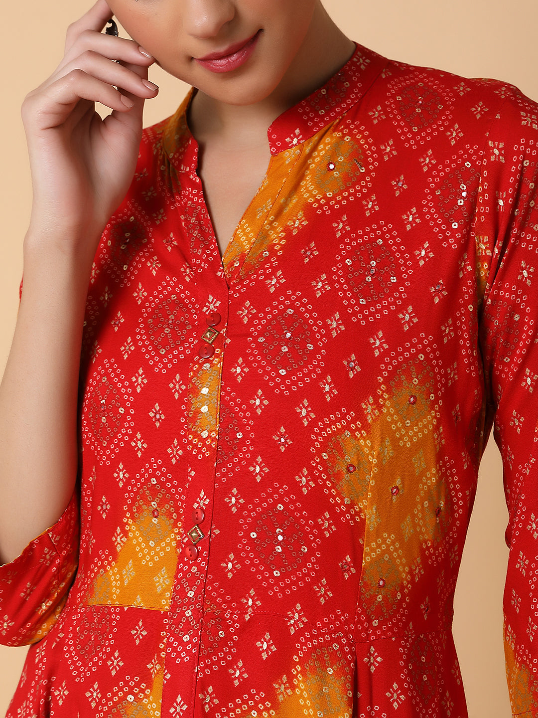 Women Anarkali Empire Red Bandhani Kurta