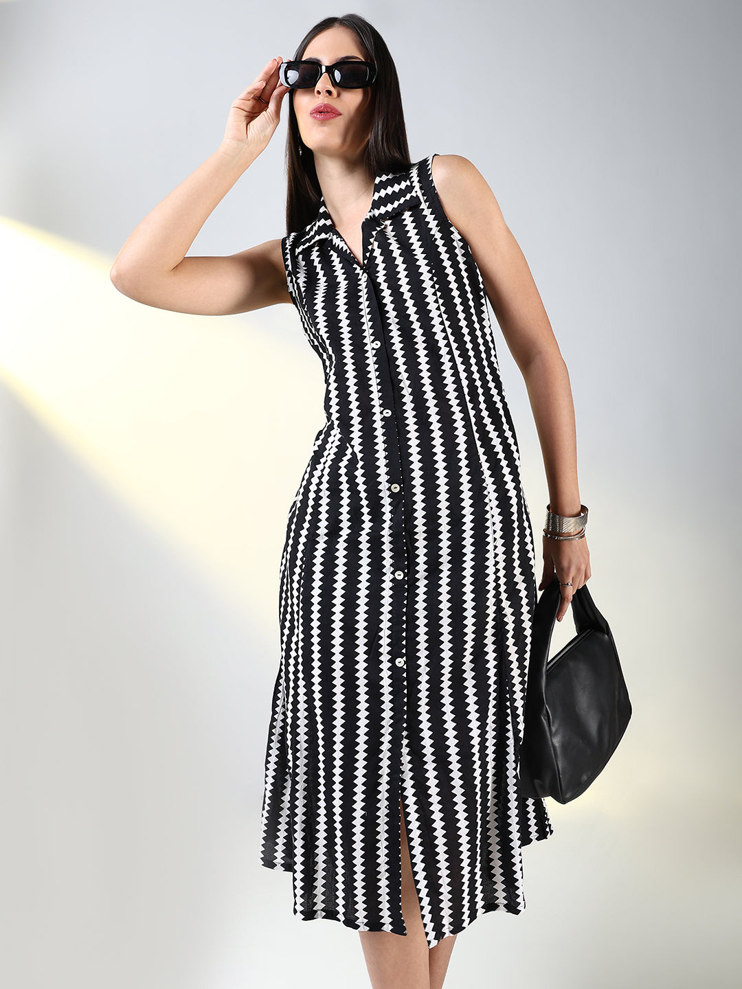 Women Black Striped A Line Dress