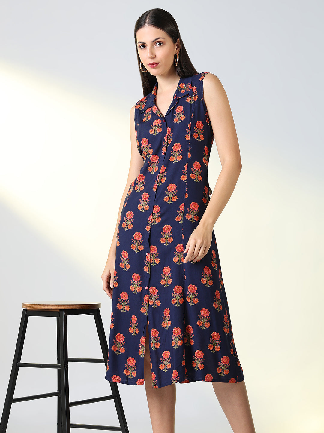 Women Navy Blue Floral A Line Dress