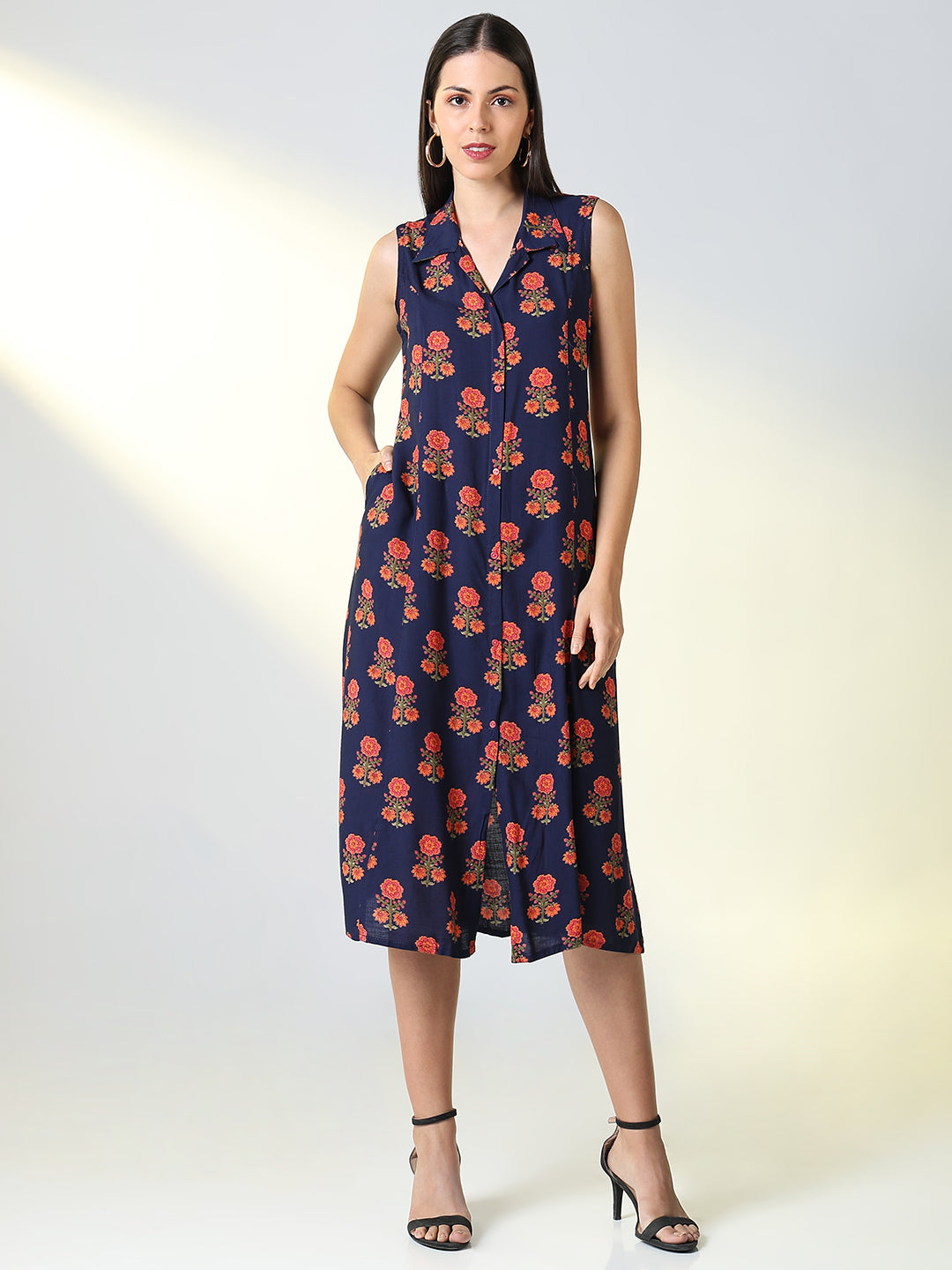 Women Navy Blue Floral A Line Dress