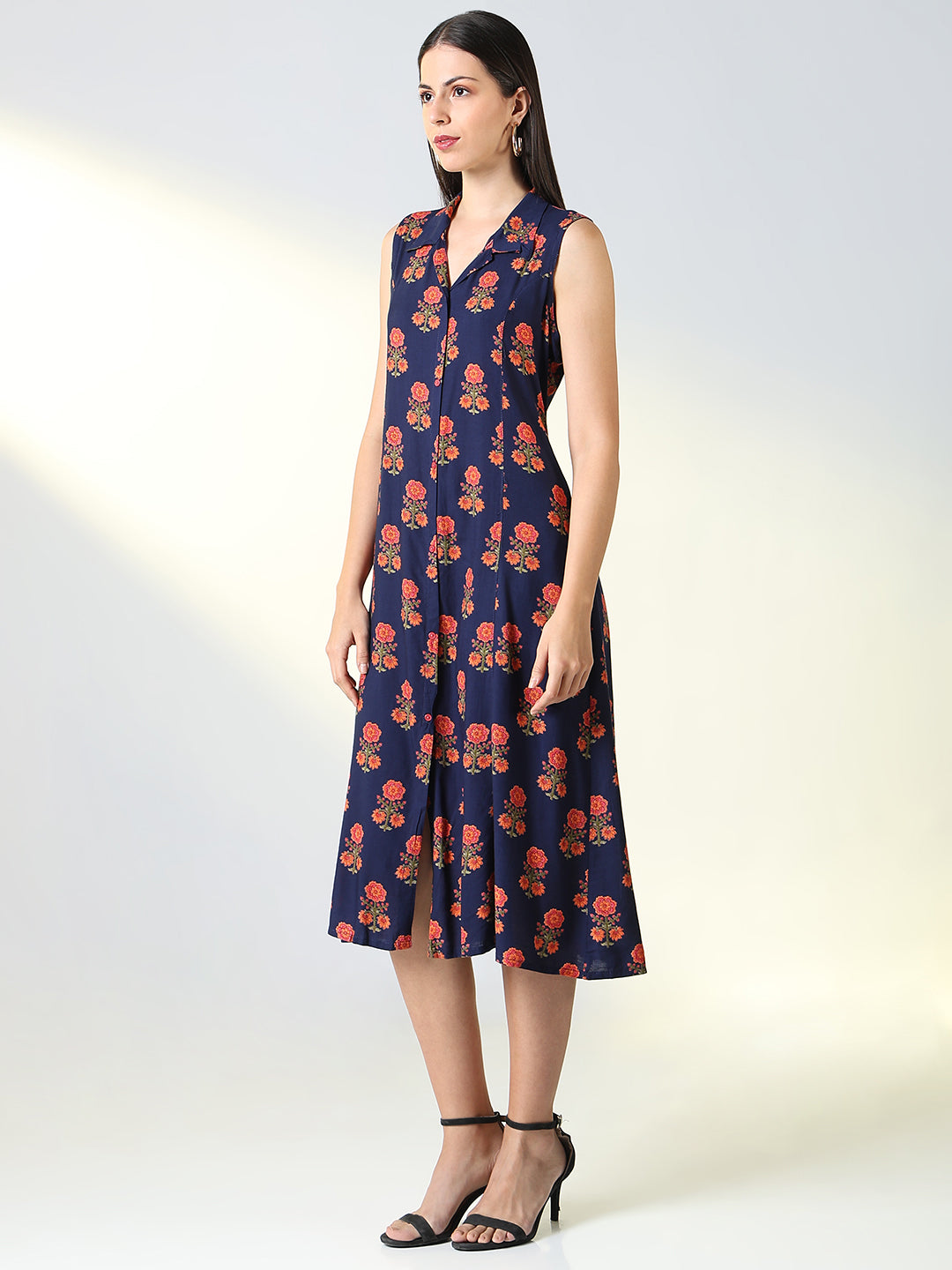 Women Navy Blue Floral A Line Dress