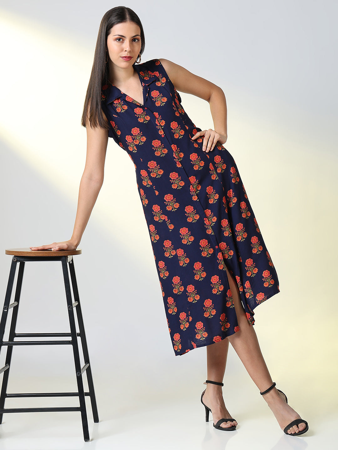 Women Navy Blue Floral A Line Dress