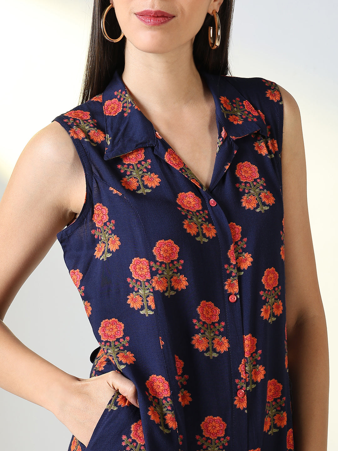 Women Navy Blue Floral A Line Dress