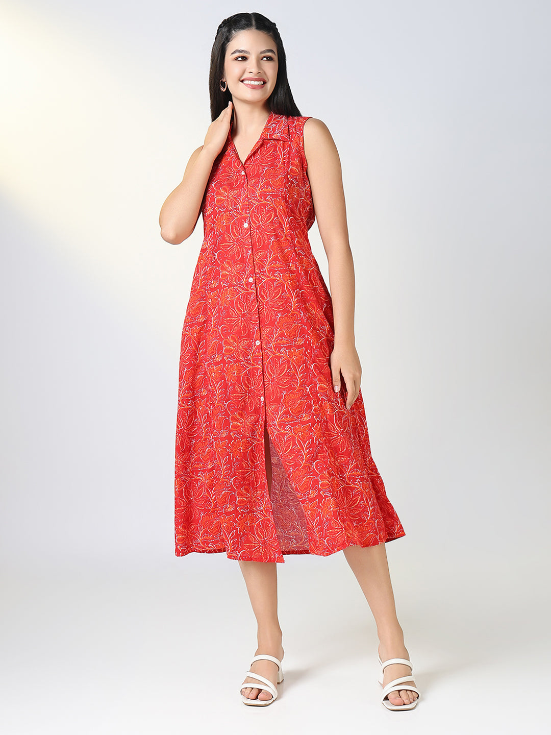 Women Red Floral Print Sleeveless A Line Dress