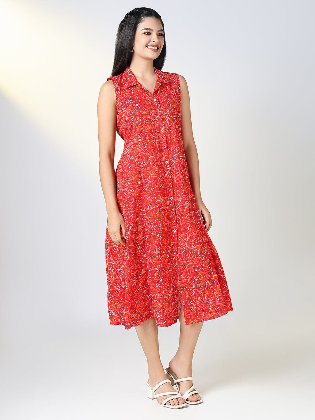 Women Red Floral Print Sleeveless A Line Dress