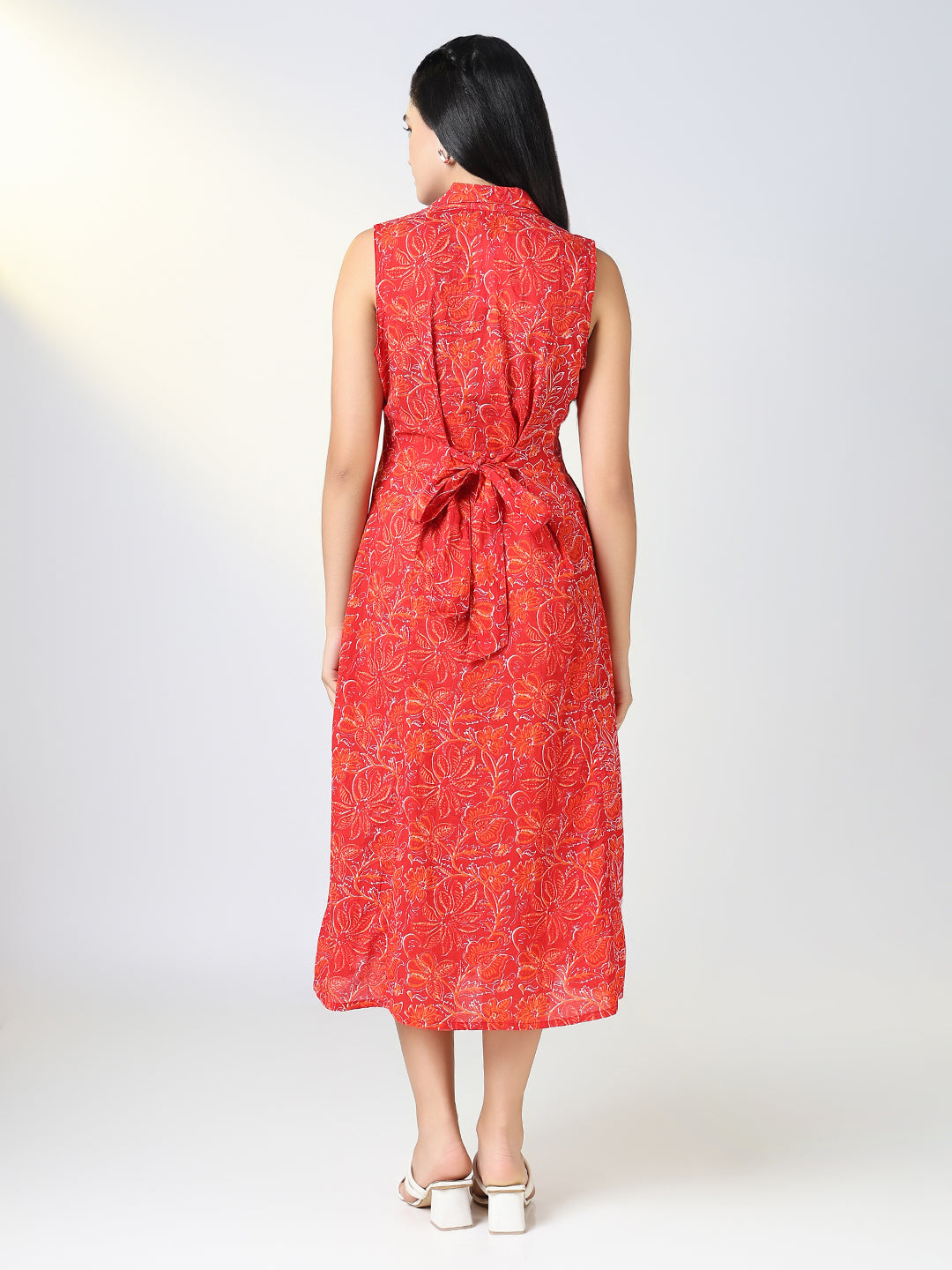 Women Red Floral Print Sleeveless A Line Dress