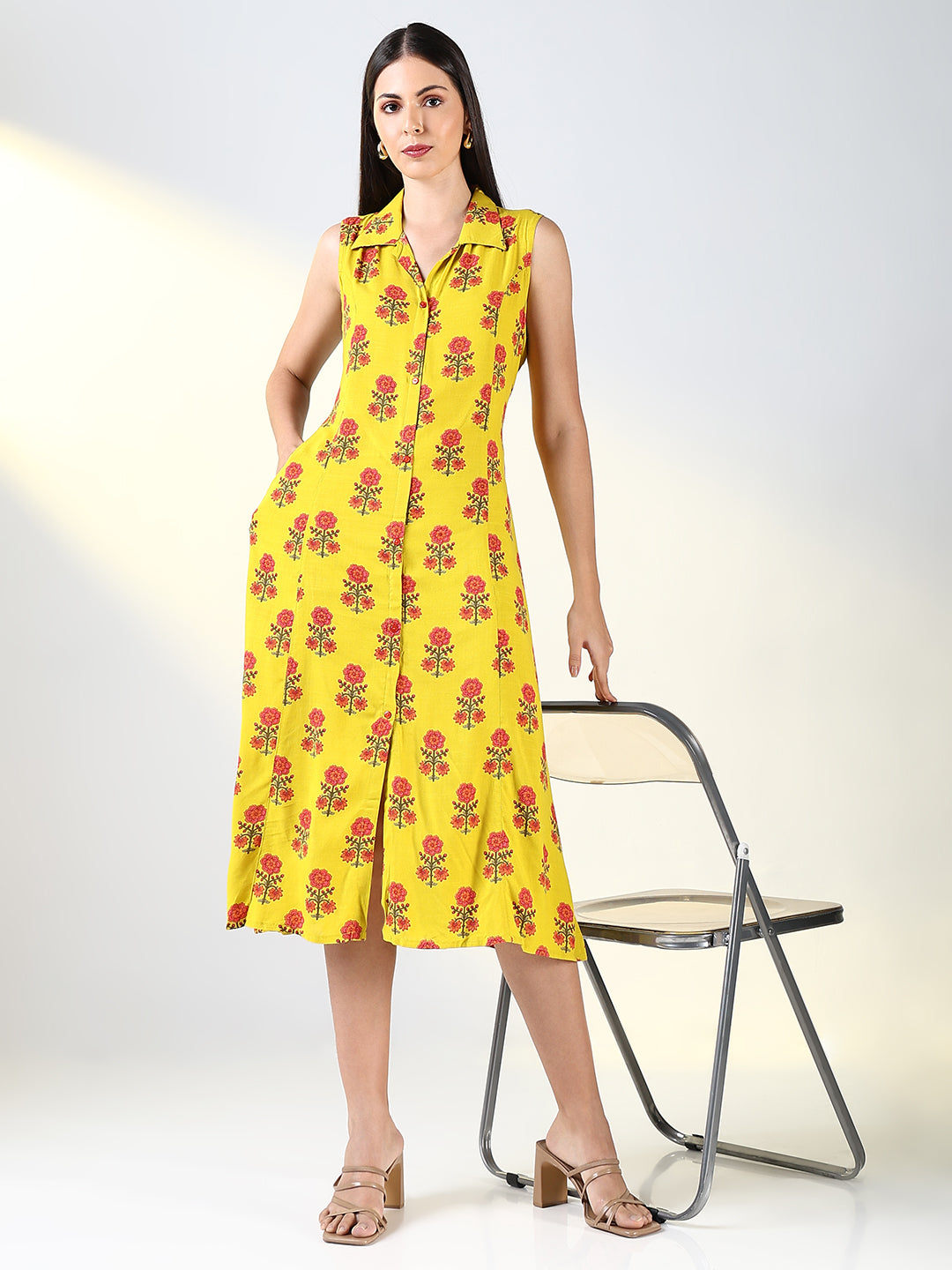 Women Yellow Floral A Line Dress