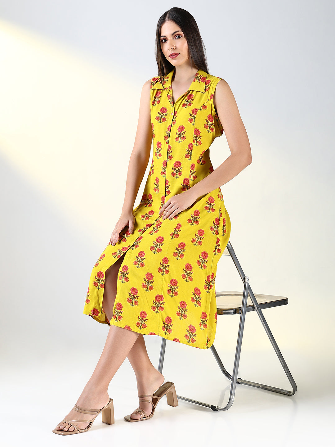 Women Yellow Floral A Line Dress