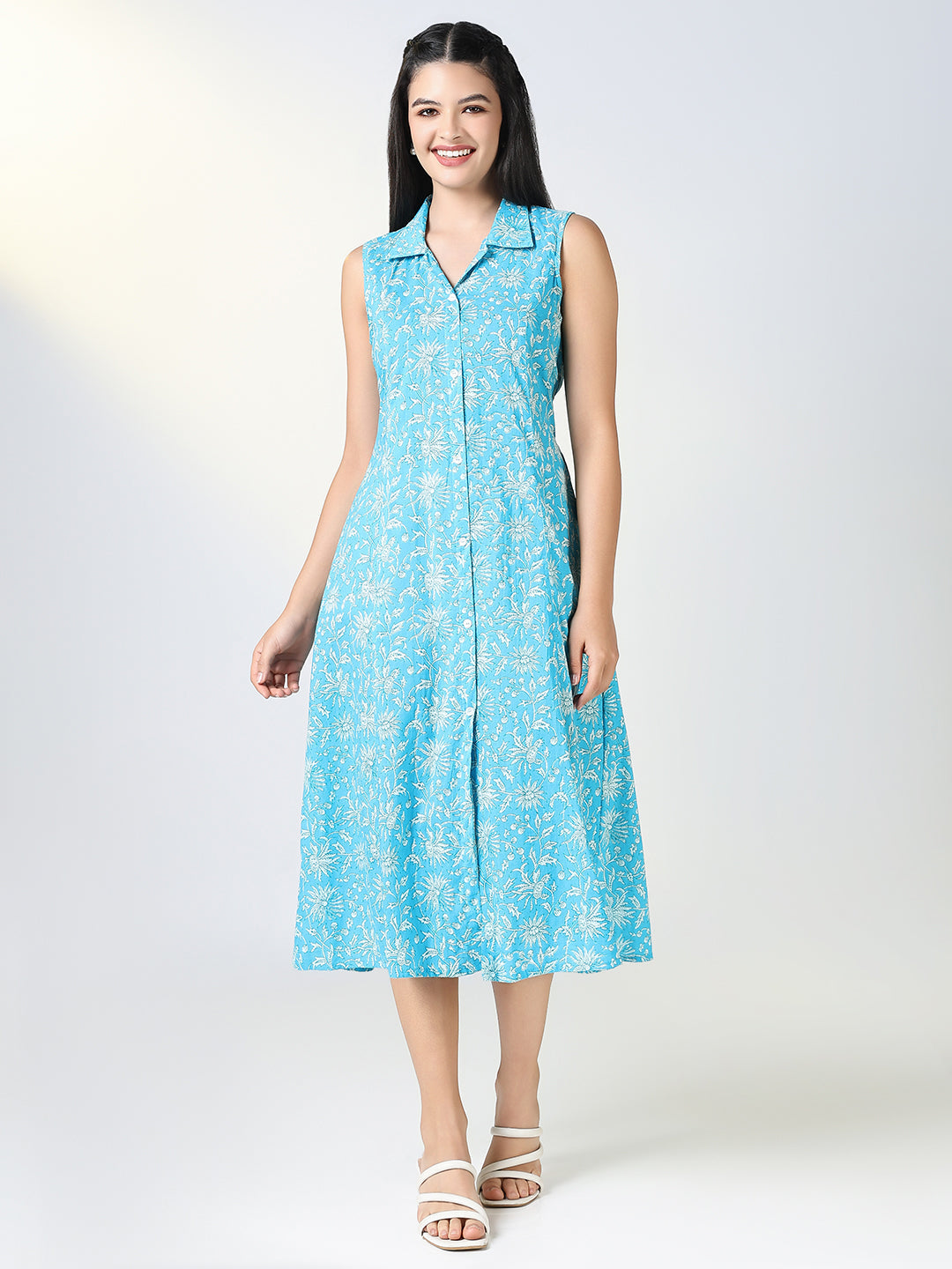 Women Blue Floral Print Sleeveless A Line Dress