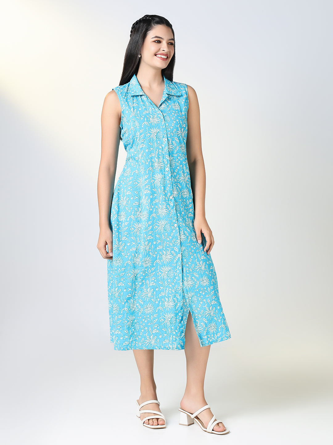 Women Blue Floral Print Sleeveless A Line Dress