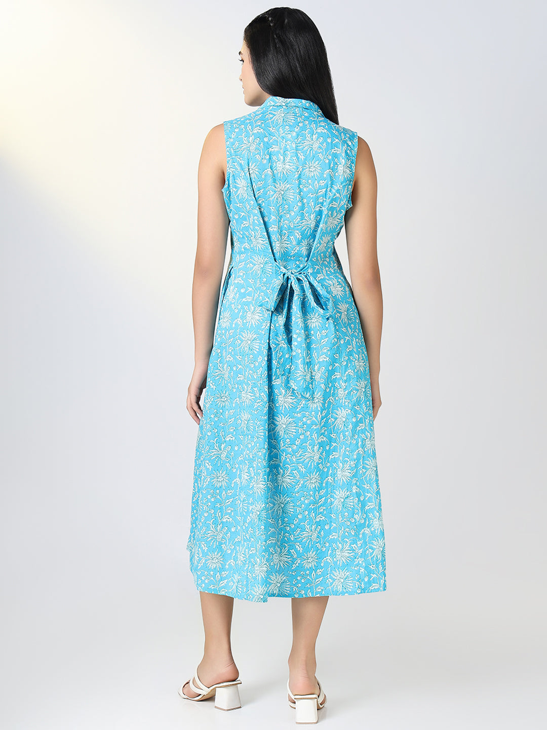 Women Blue Floral Print Sleeveless A Line Dress