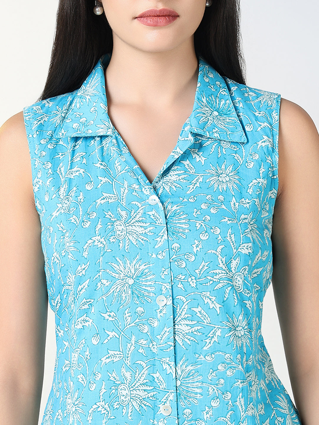 Women Blue Floral Print Sleeveless A Line Dress