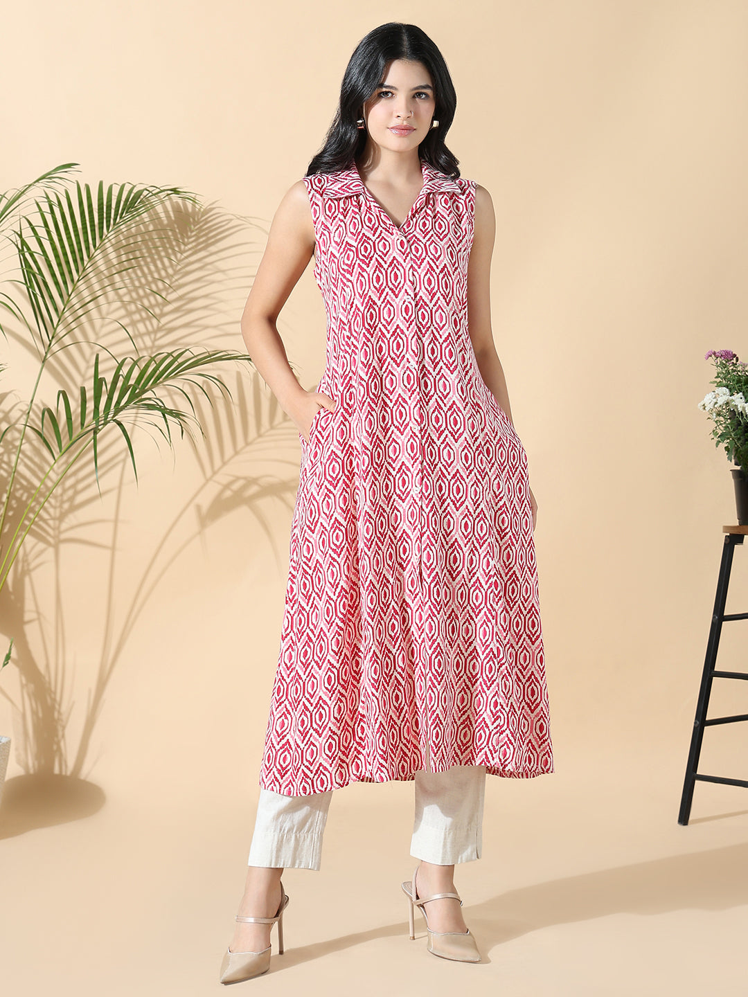 Women Pink Geometric Cotton A-Line Kurta