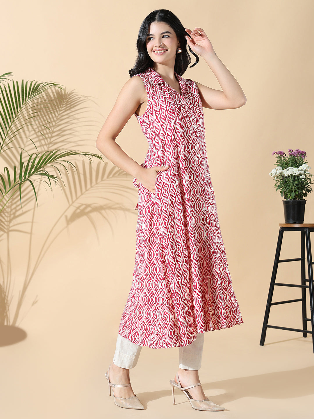 Women Pink Geometric Cotton A-Line Kurta