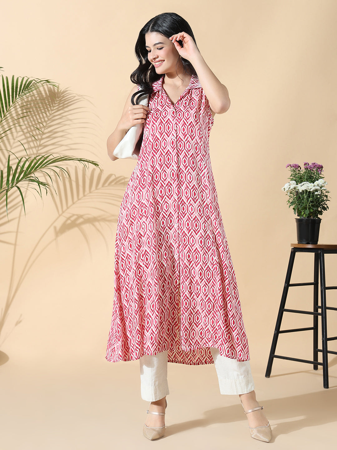 Women Pink Geometric Cotton A-Line Kurta