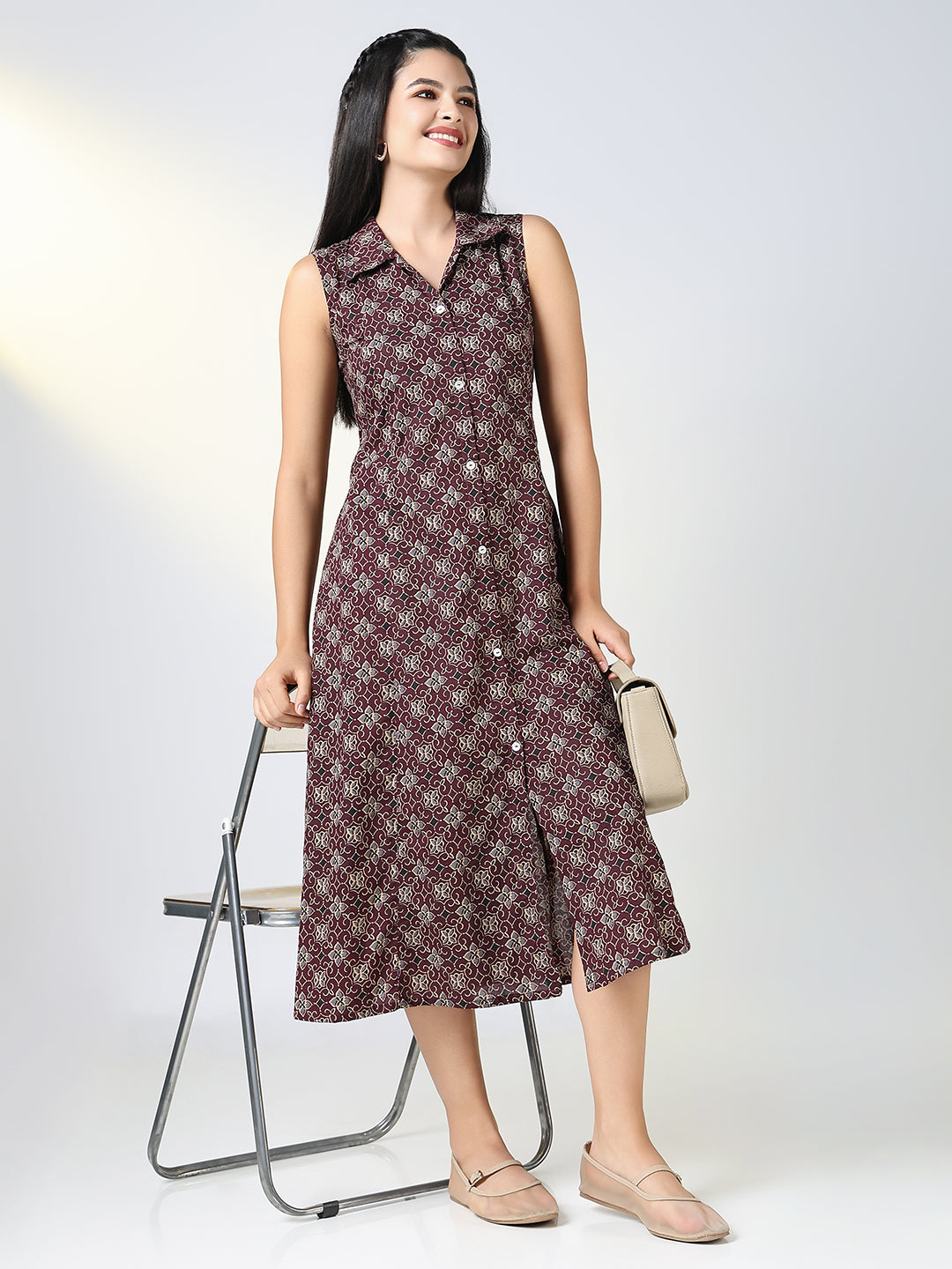 Women Maroon Floral Print Sleeveless A Line Dress